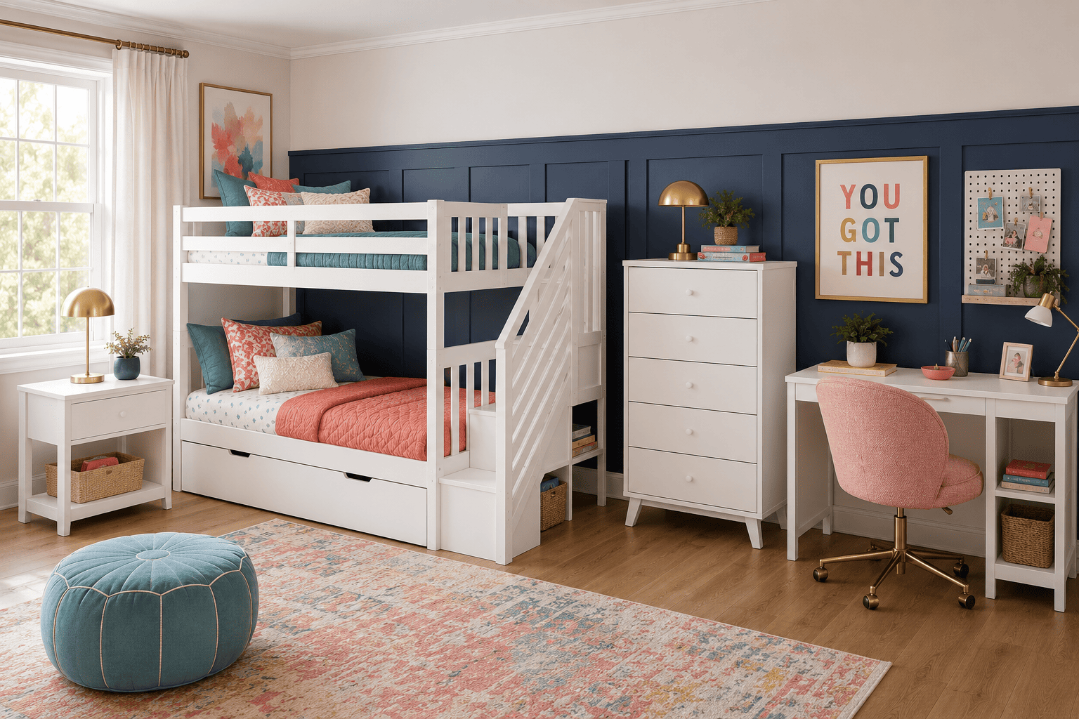 A navy blue panel room with white bedroom furniture, pink bedding, and pink and blue decor.