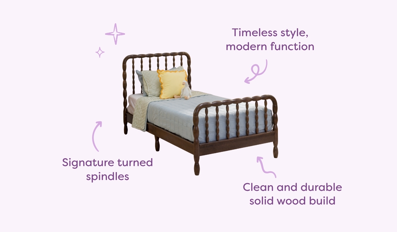 A Jenny Lind style bed on a purple background with product callouts saying 'Timeless style, modern function', 'signature turned spindles', and 'clean and durable solid wood build.'