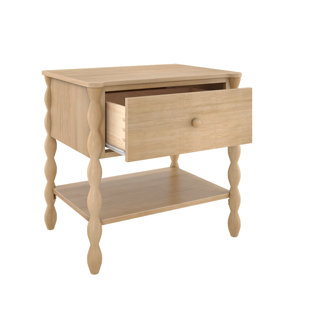 A blonde-wood finish Jenny Lind style nightstand with drawer and shelf.