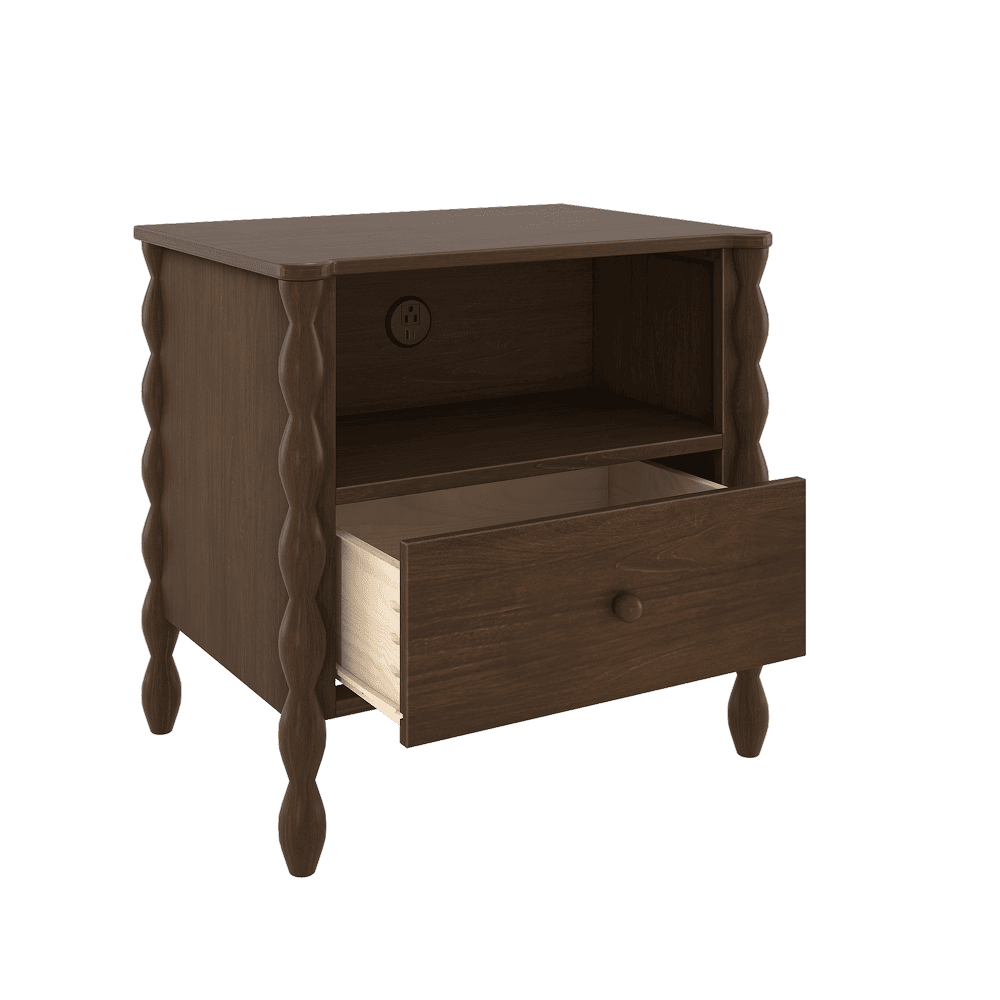 A dark wood finish Jenny Lind style nightstand with drawer and charger port.