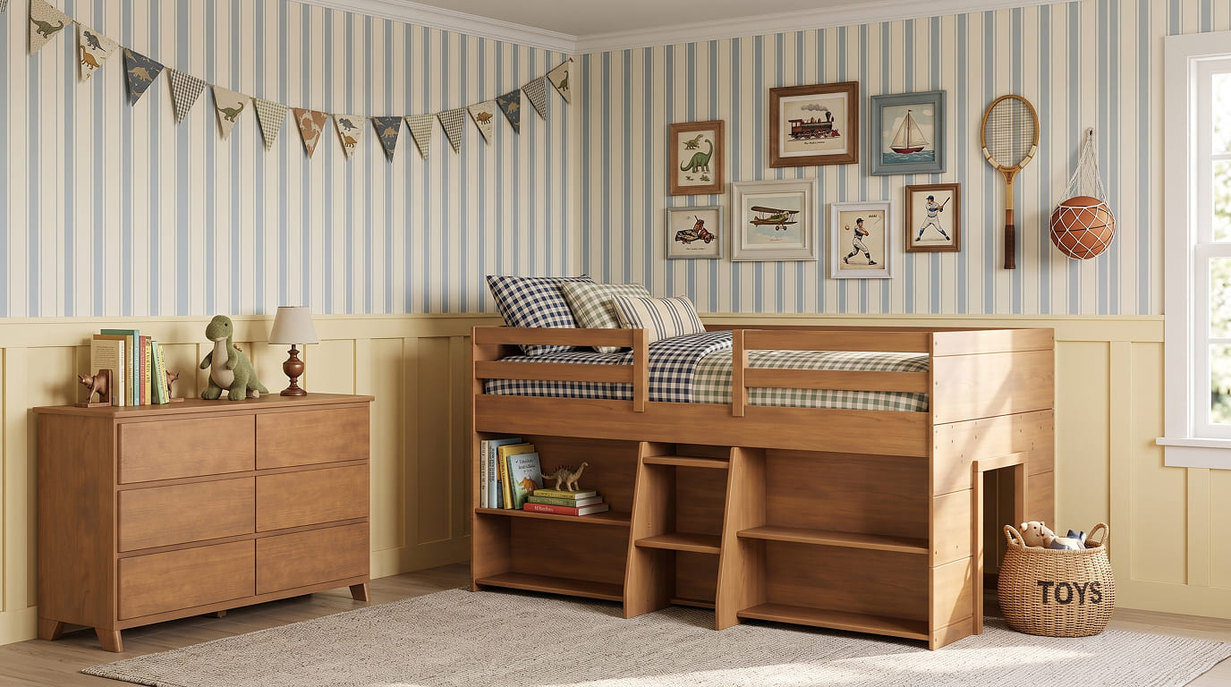 A blue striped room with a wood, low loft bed with storage and play space underneath and blue plaid bedding. On the wall are sports-themed decor.