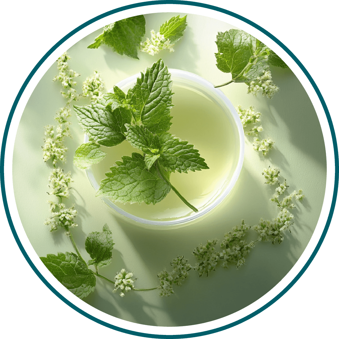 Green leaves in a bowl surrounded by small white flowers on a light green background.