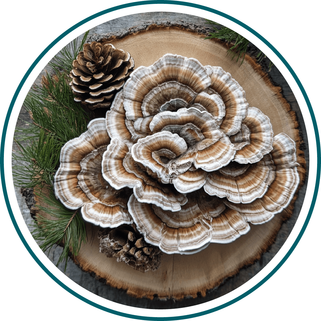 Turkey tail mushrooms on a wooden slab with pine cones and needles.