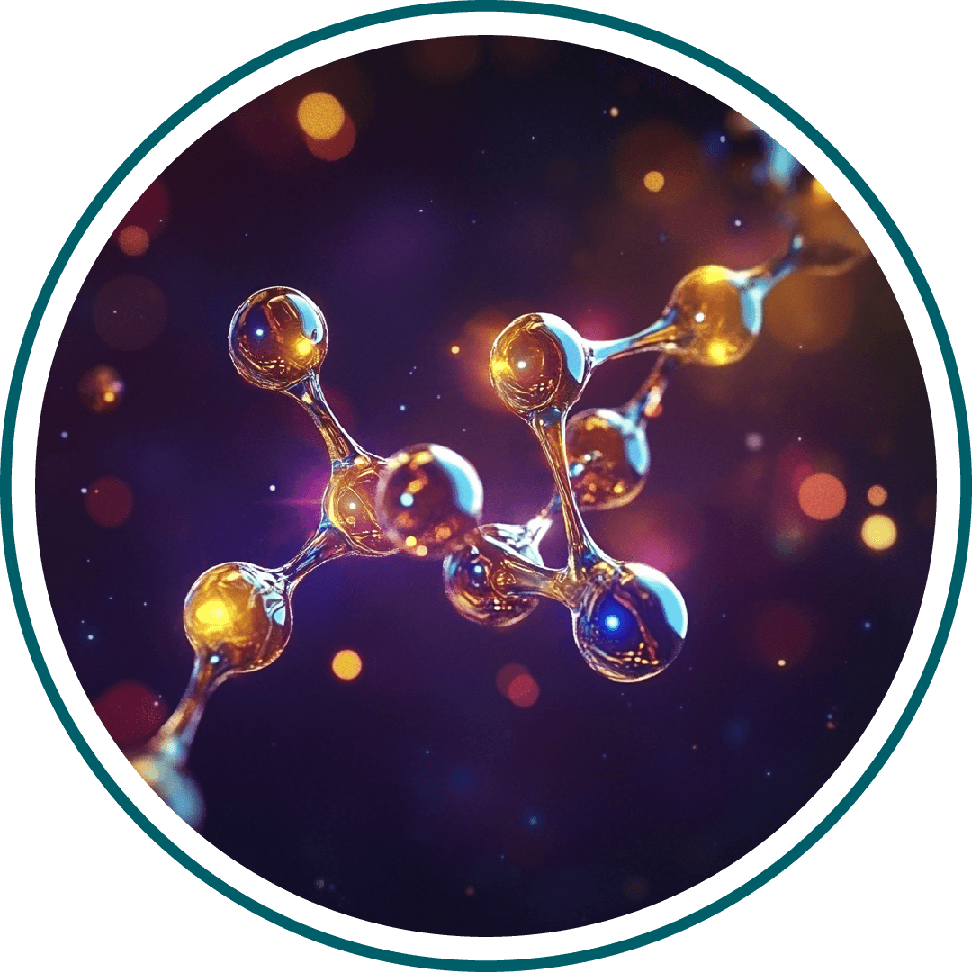 Abstract representation of a molecular structure with glowing spheres and connections.
