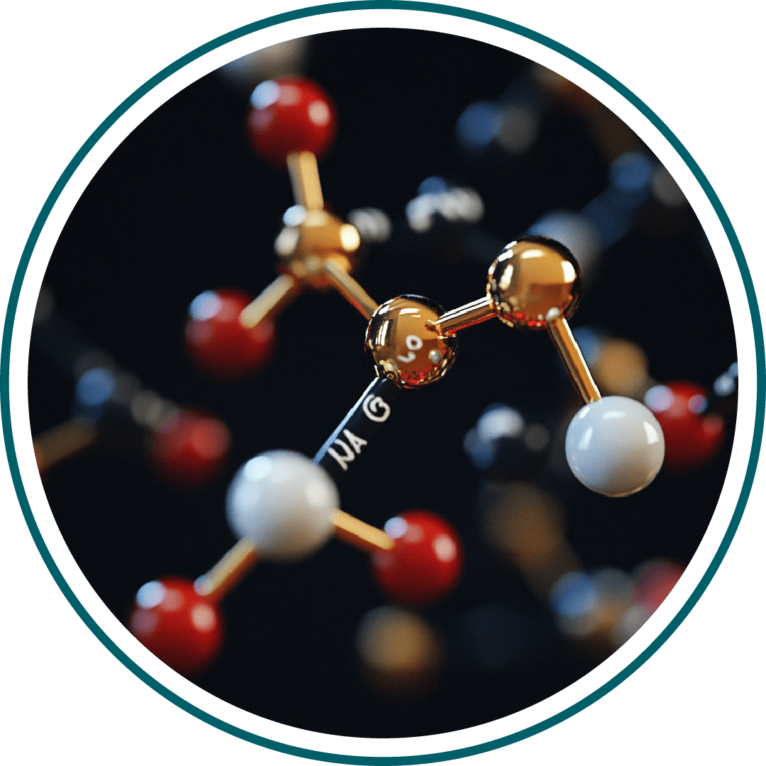 3D molecular structure with colored spheres and rods on a dark background.