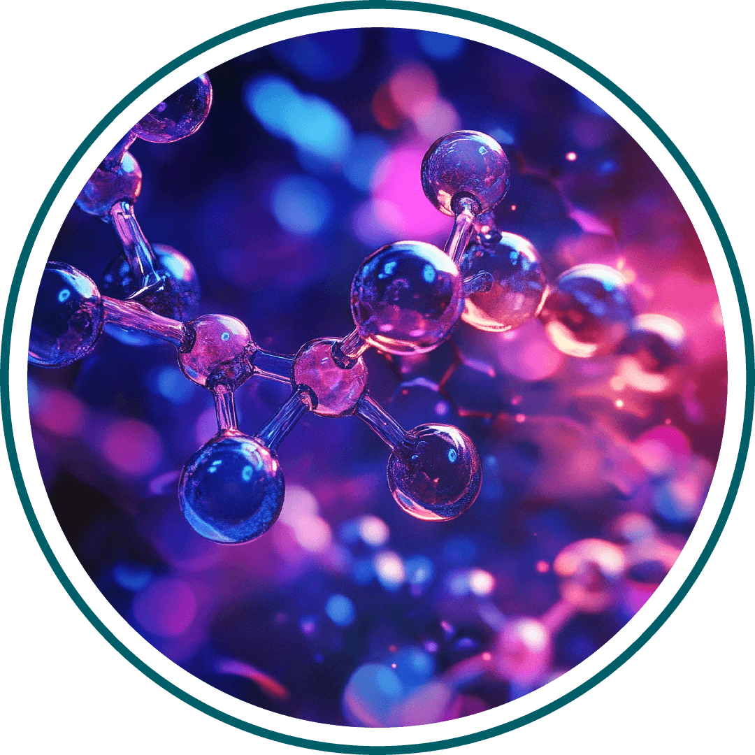 Colorful molecular structure with glowing spheres and connecting rods.