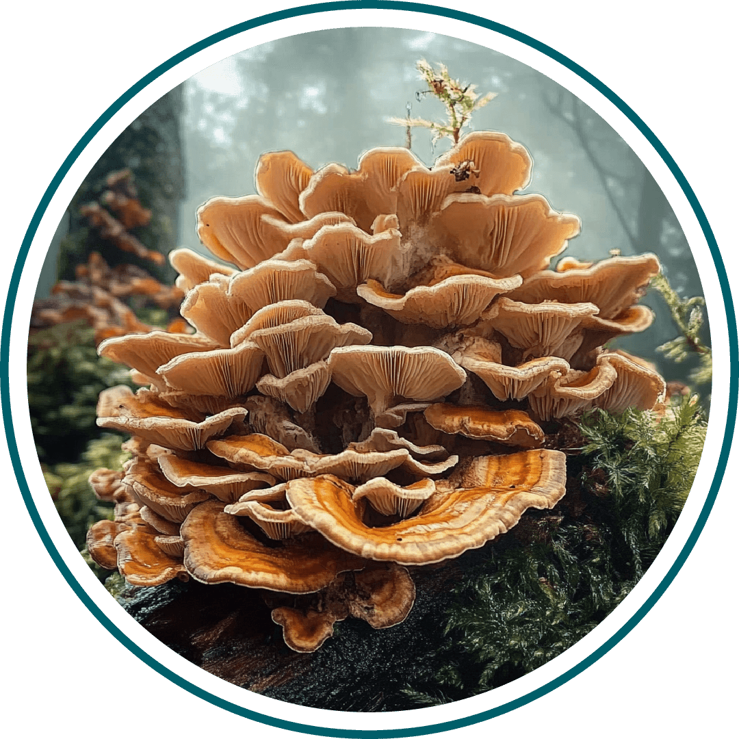 Cluster of orange and brown mushrooms growing on a mossy log in a forest.