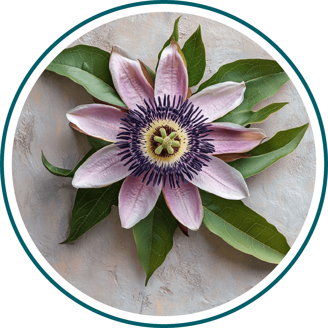 Purple passionflower with green leaves on a textured background.
