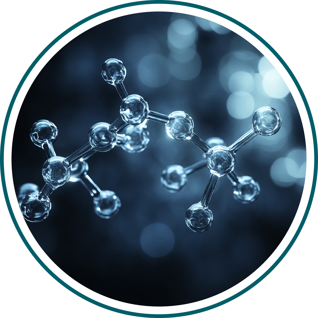 Close-up of a molecular structure with blue lighting and blurred background.
