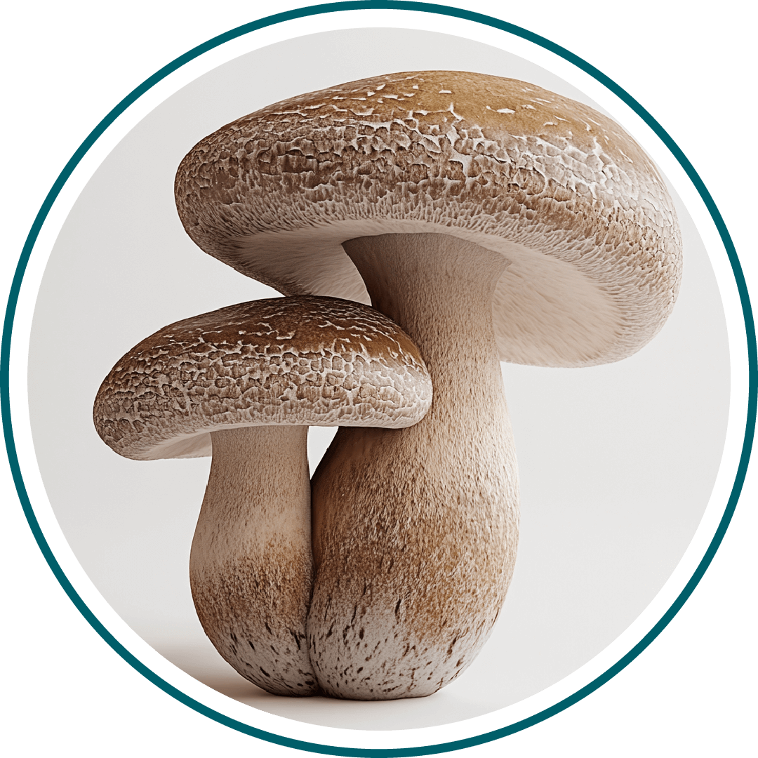 Two realistic mushrooms with textured caps and stems.