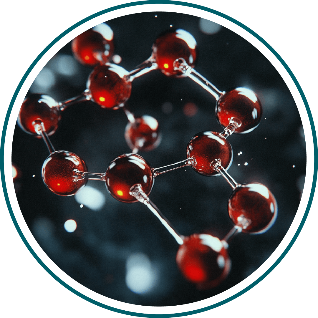 Red molecular structure with connected spheres on a dark background.