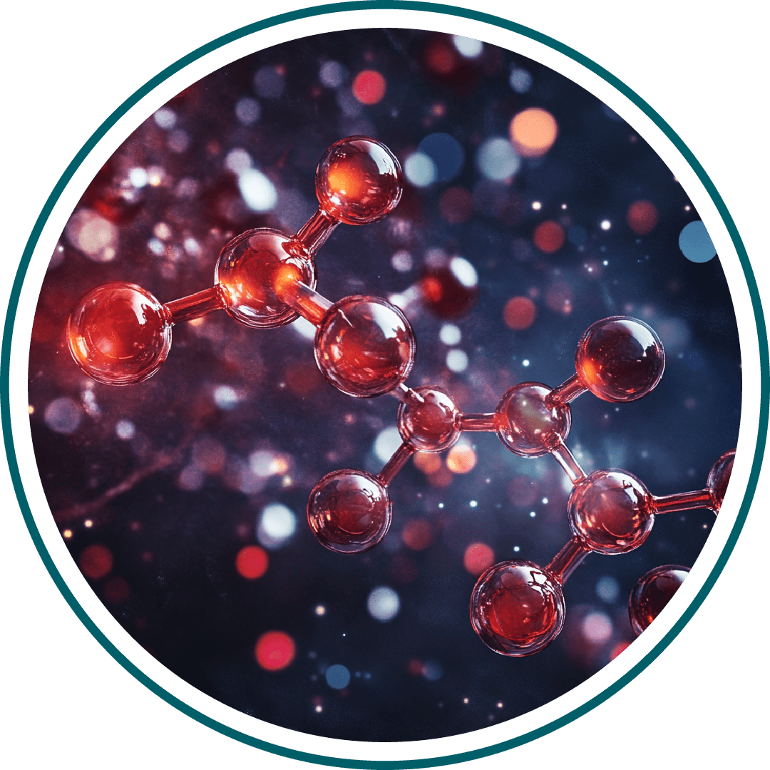Red molecular structure with glowing spheres on a dark, blurred background.