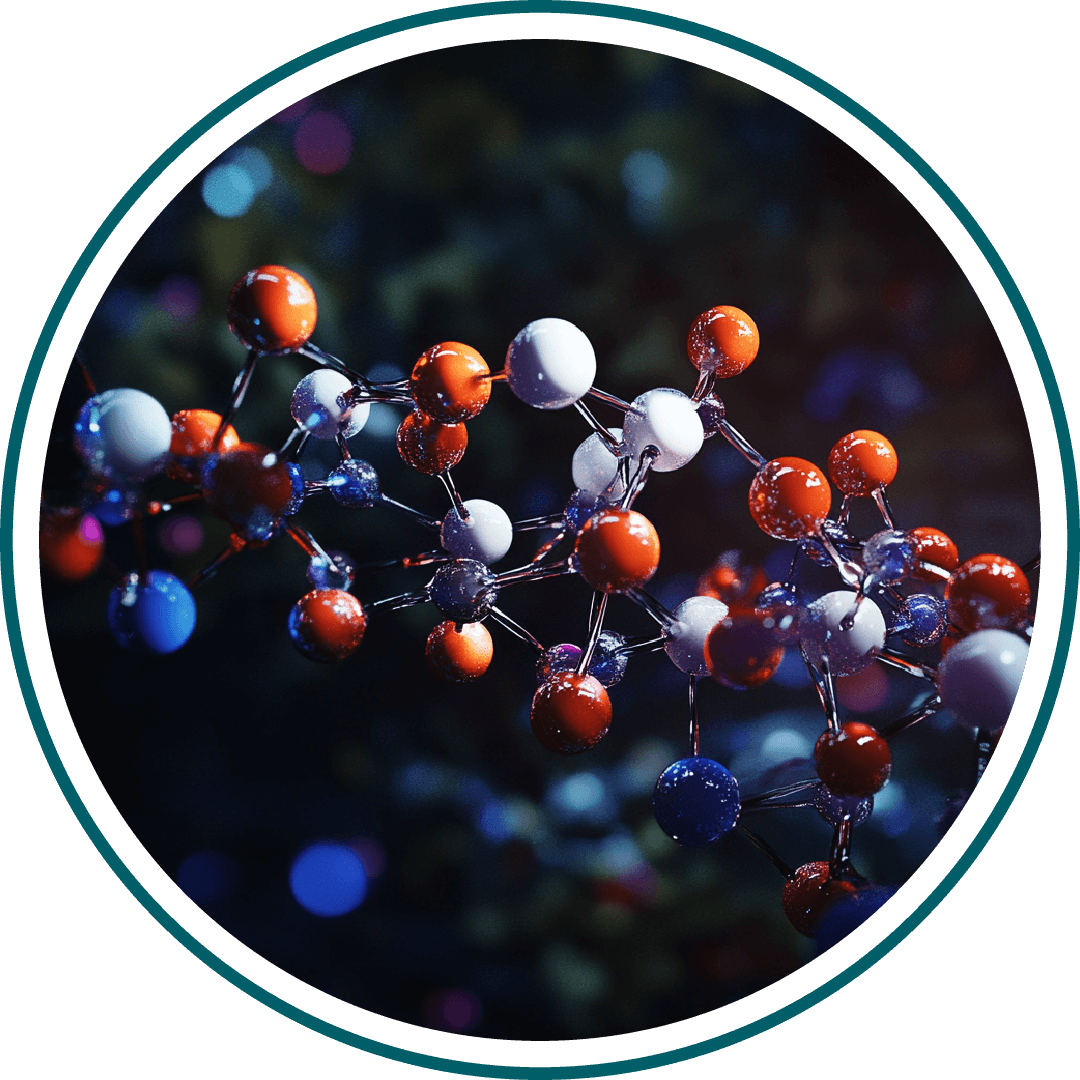 Colorful molecular structure with red, white, and blue spheres connected by rods.