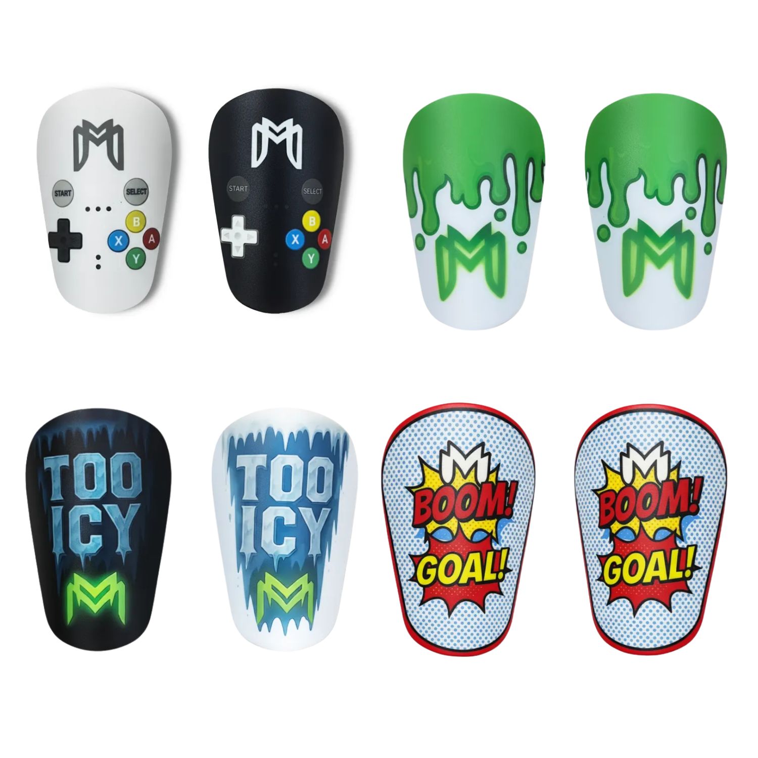 Eight colorful shin guards with gaming and graphic designs.