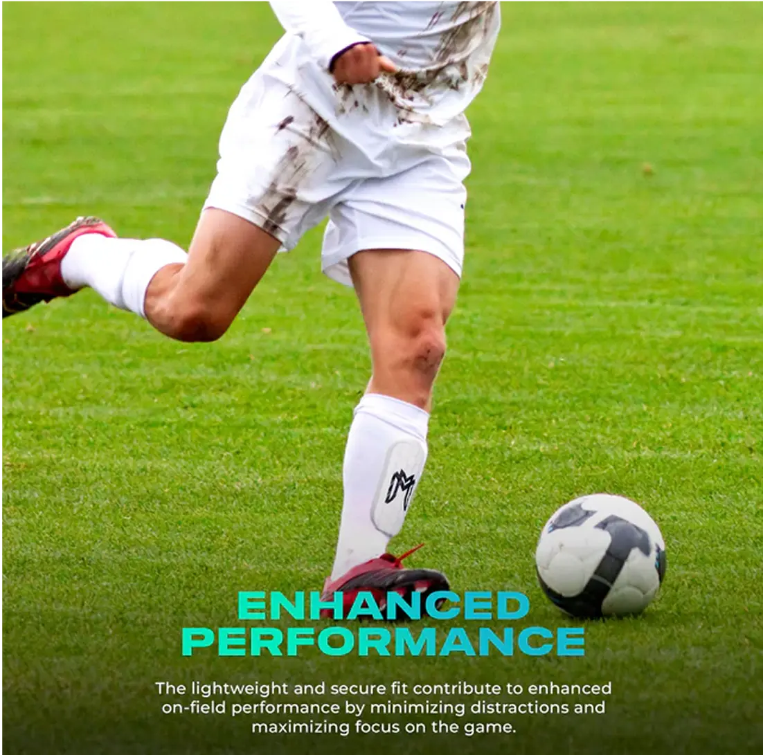 Soccer player kicking a ball on a grassy field, text overlay about enhanced performance.