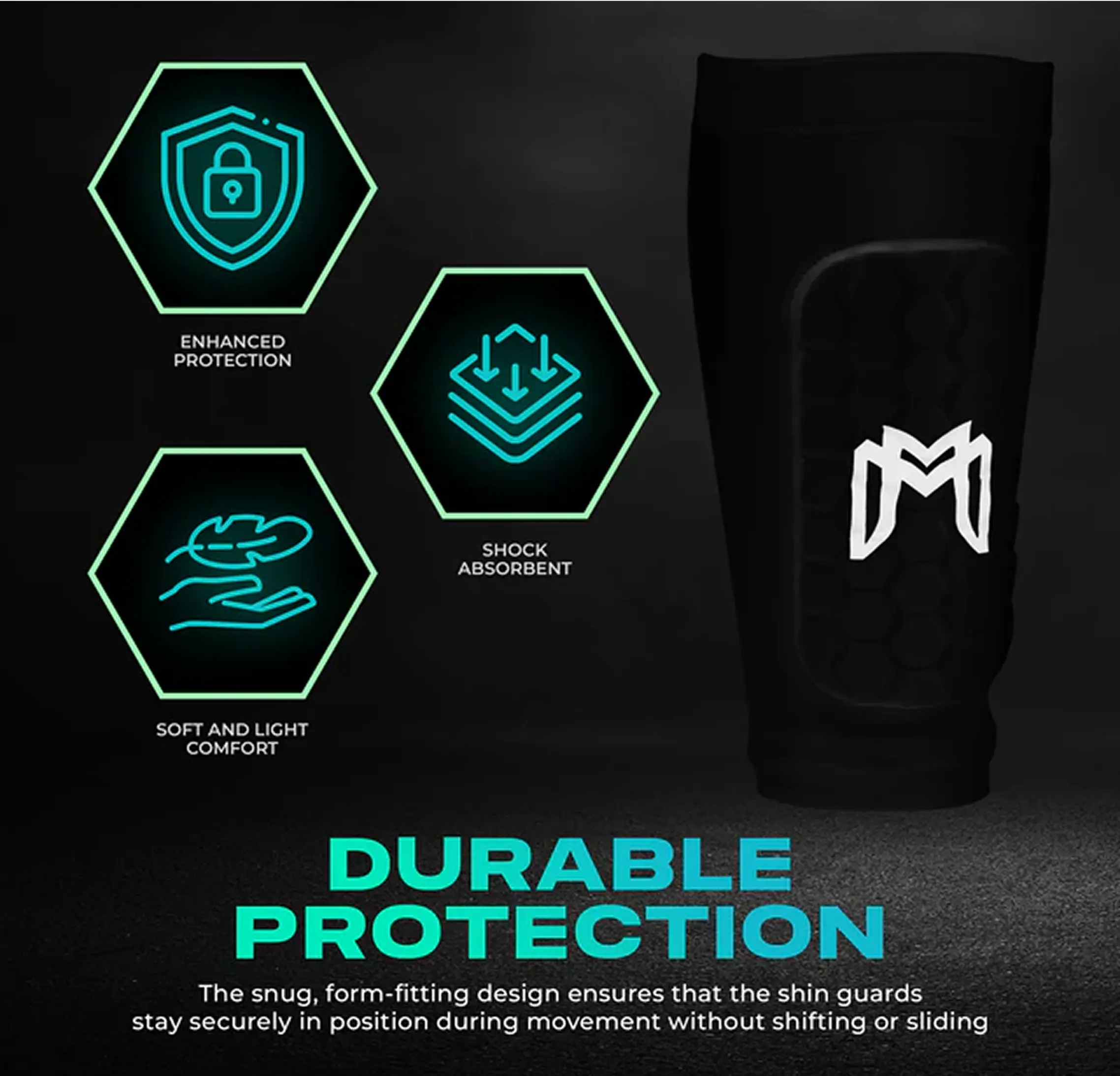 Shin guard with icons for enhanced protection, shock absorbency, and comfort, labeled 'Durable Protection.'