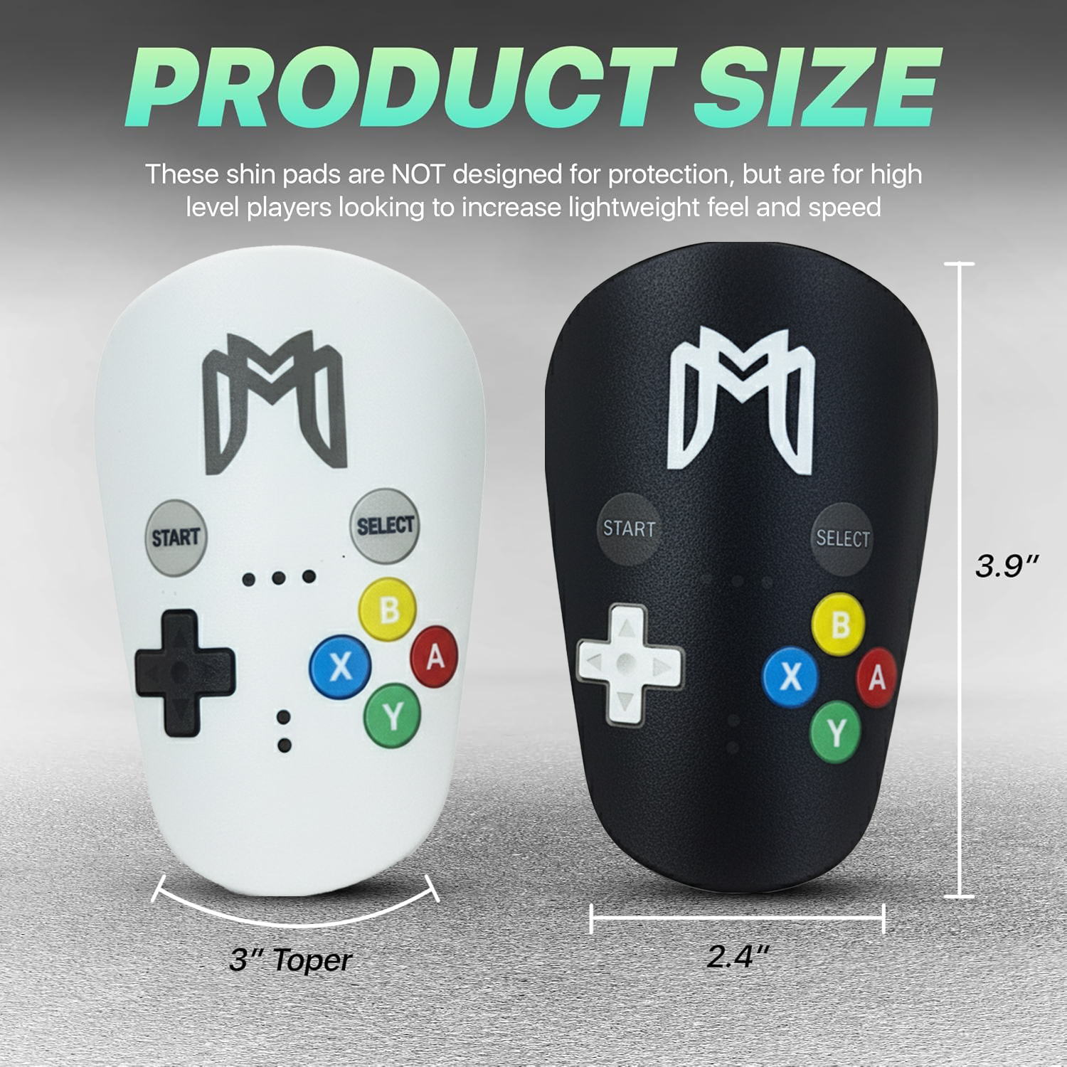 Two shin pads resembling game controllers with button designs.