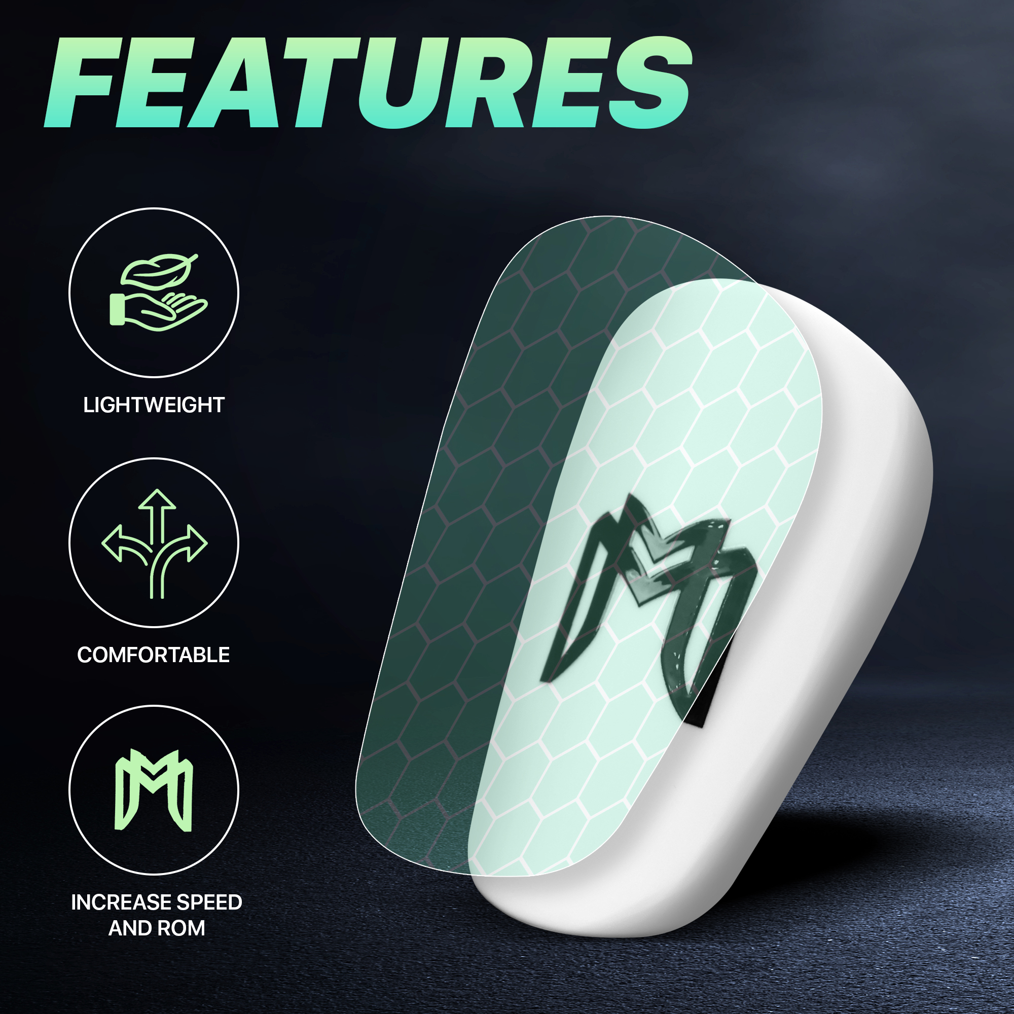 Illustration of a product with features: lightweight, comfortable, increase speed and ROM displayed.