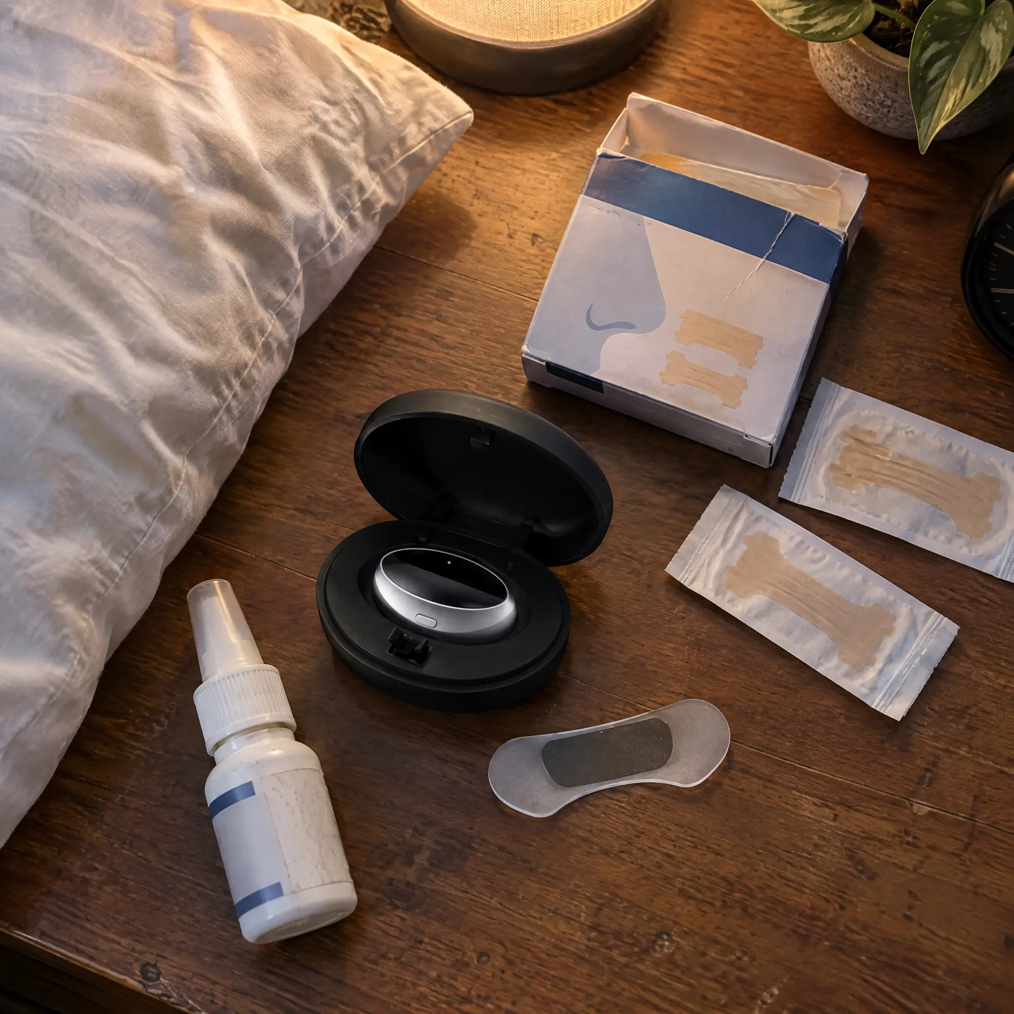 A wooden nightstand with nasal strips, nasal spray, and an electronic device in a case beside a pillow.