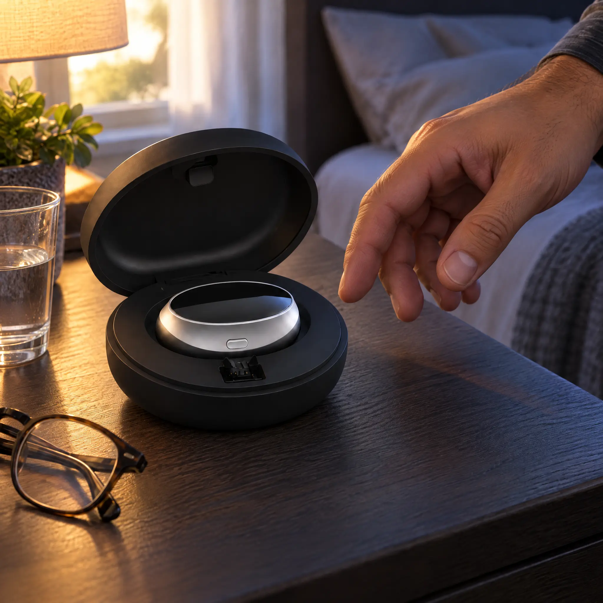 A hand reaches for a small, round device in its open case on a nightstand.