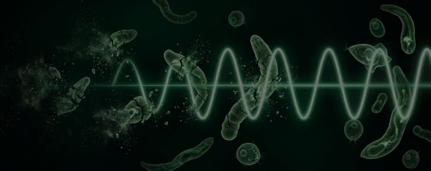 An illustration of a glowing green wave breaking apart microscopic organisms on a dark background.