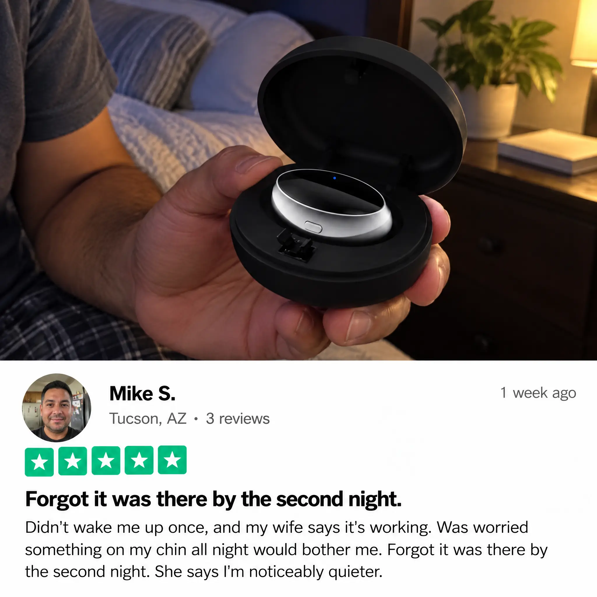 A person holding a small electronic device in its case, positioned above a five-star customer review.