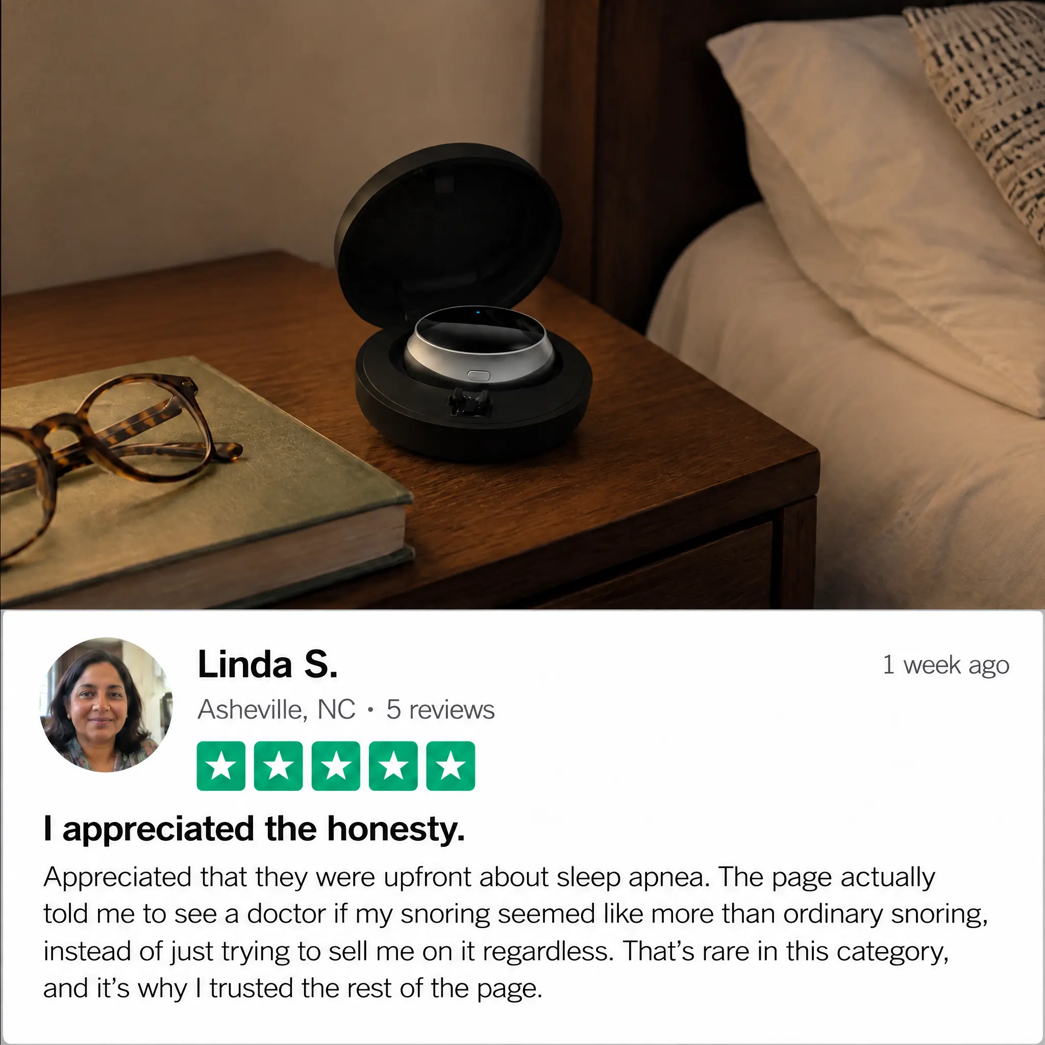 Testimonial graphic showing a five-star review from Linda S. over a photo of a product on a nightstand.