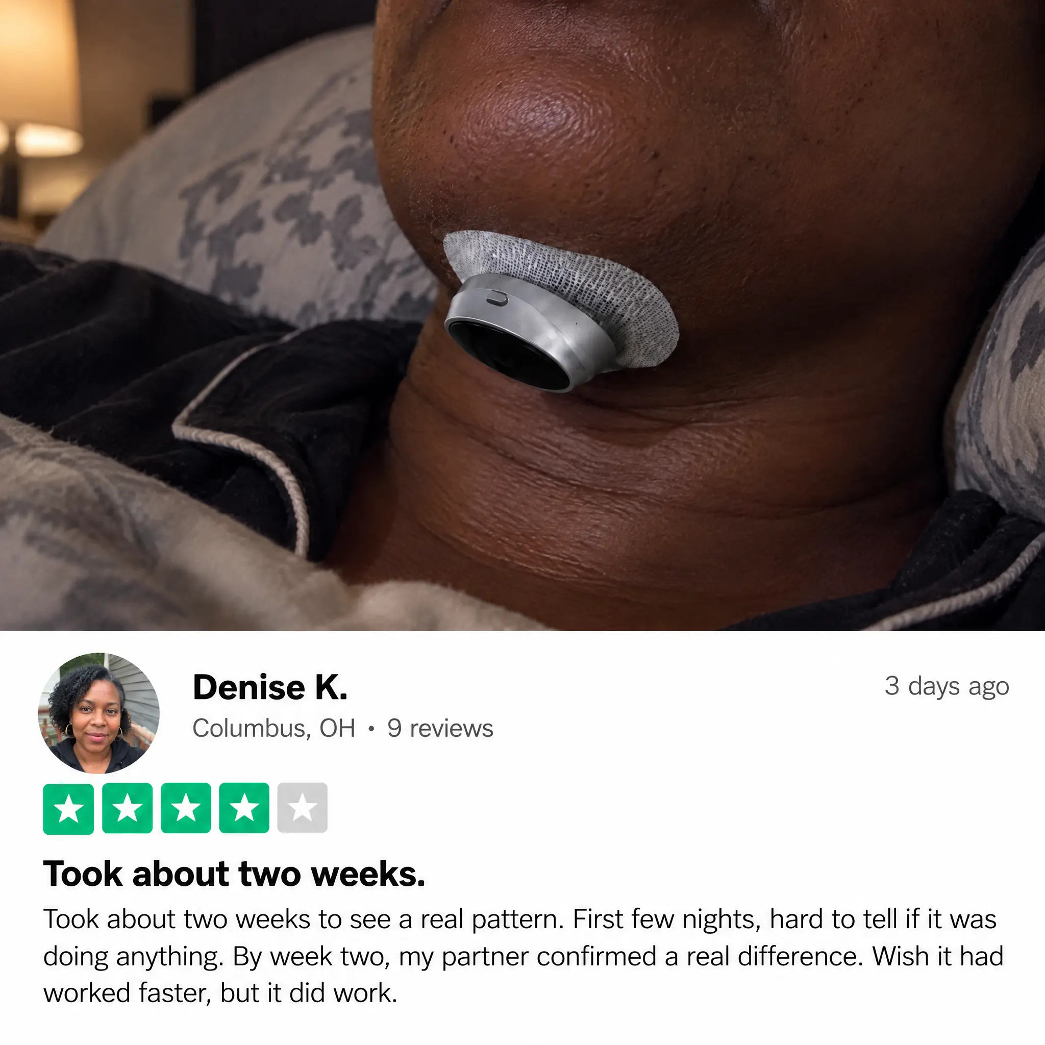A person wearing a small device under their chin, shown above a screenshot of a four-star customer review.
