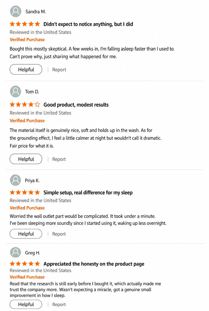 A screenshot showing four positive customer reviews with star ratings and comments on a white background.