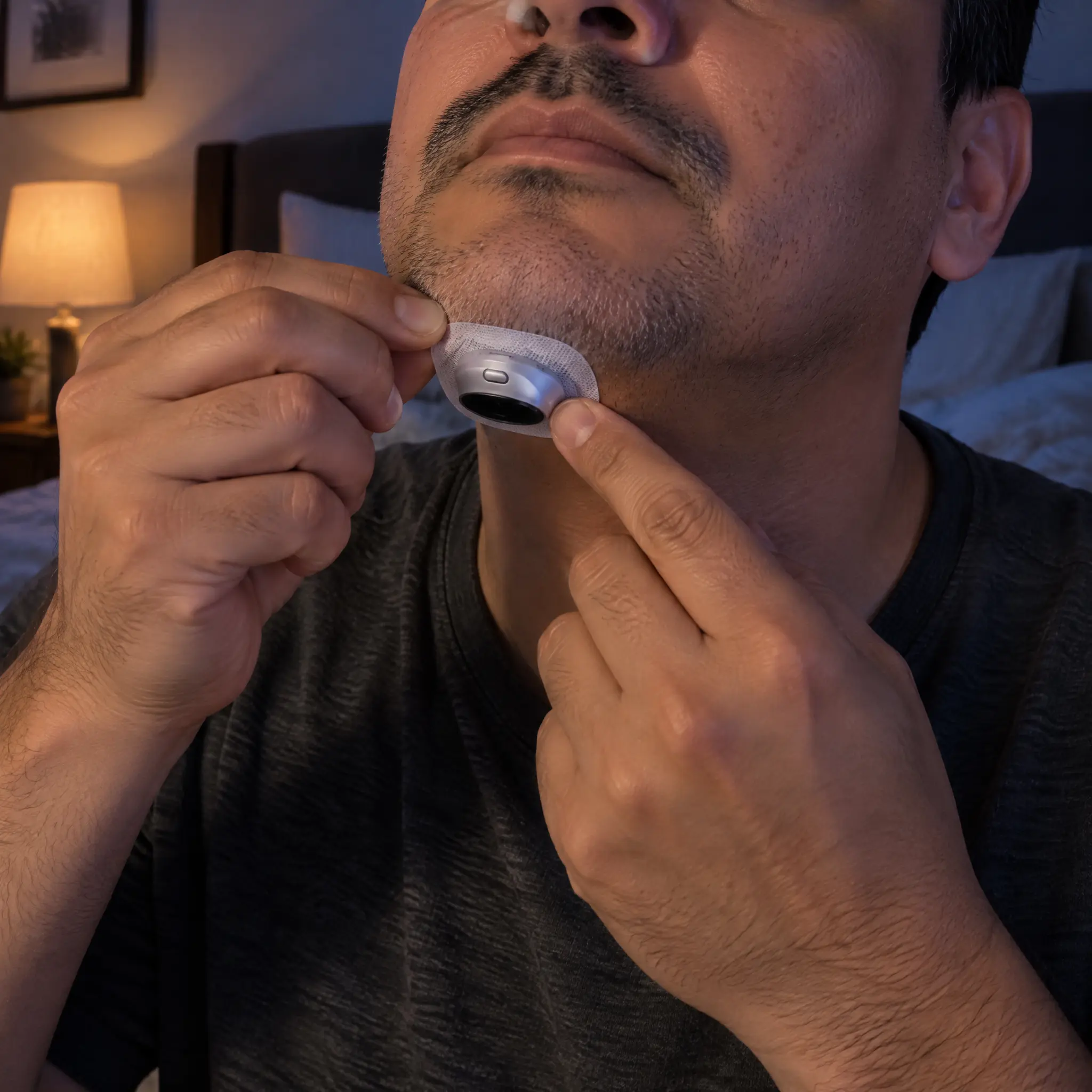 A man applies a small, round adhesive device to the skin under his chin in a bedroom.