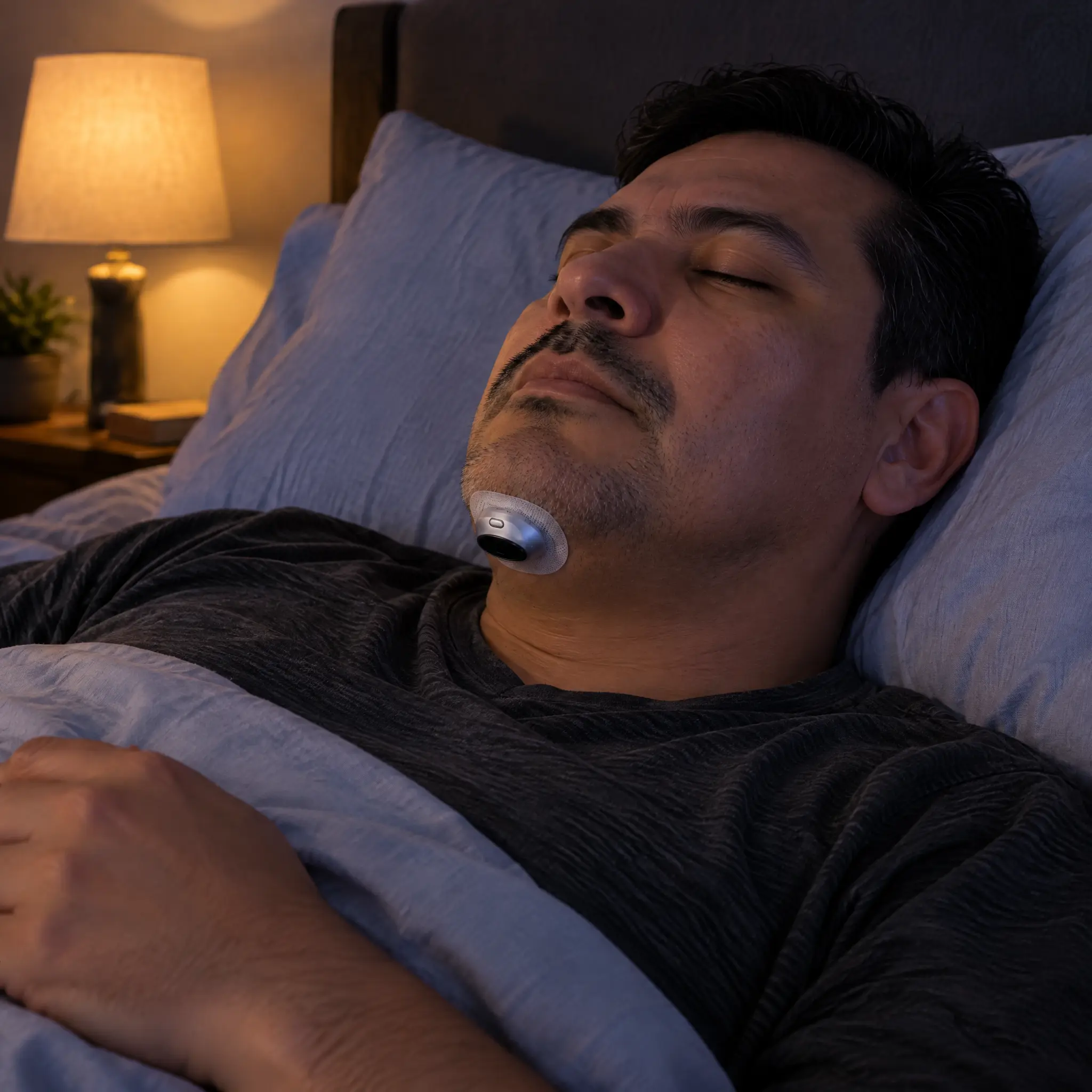 A man sleeping in bed with a small, circular device attached to the underside of his chin.