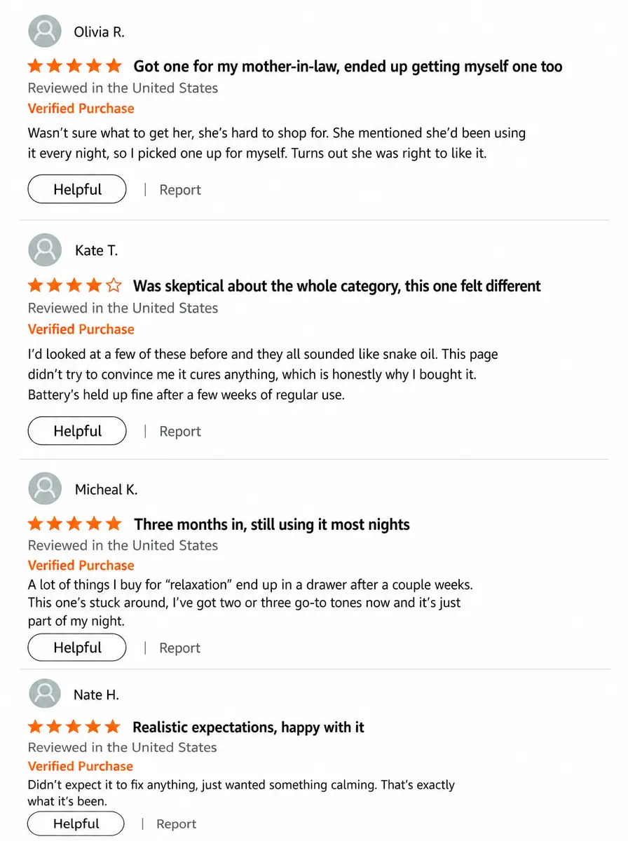 A screenshot of four positive customer product reviews, each with a star rating and review text.