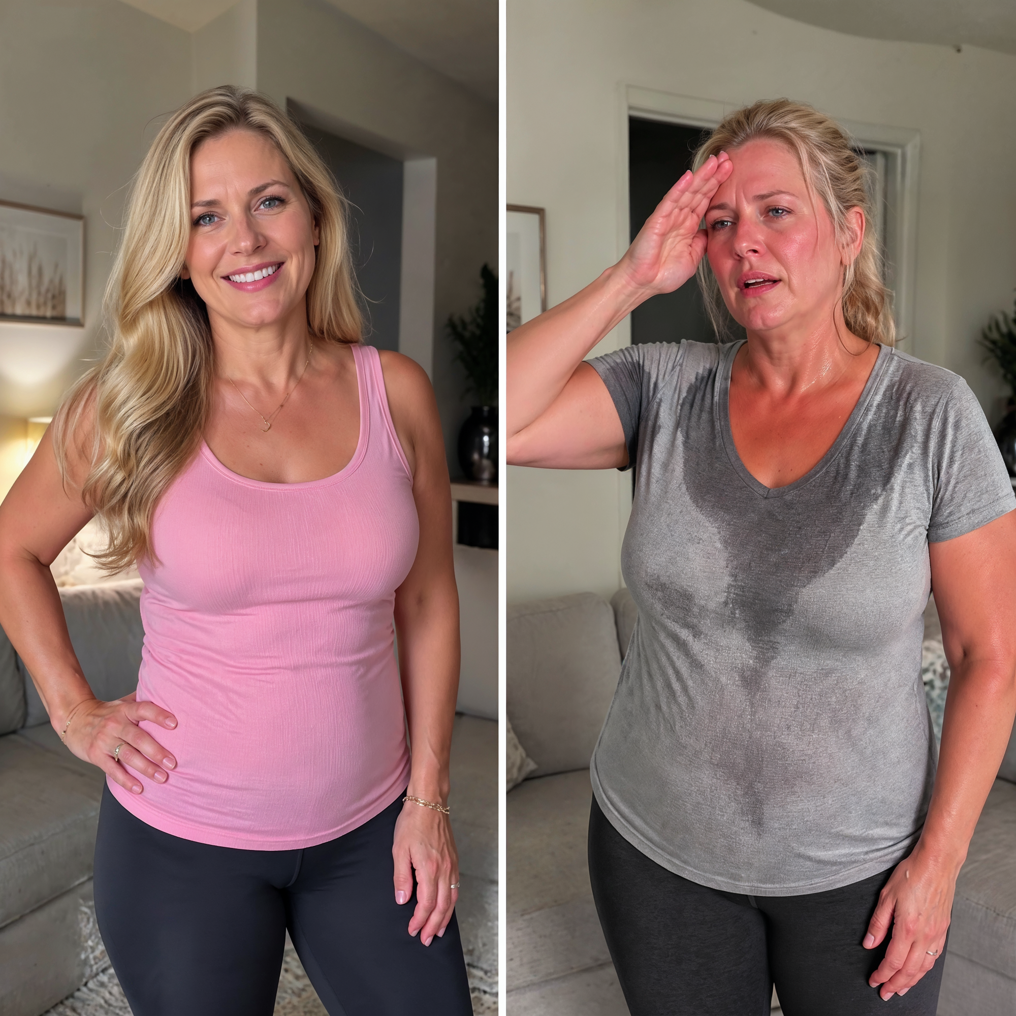A side-by-side before and after image of a woman, showing the results of weight loss.