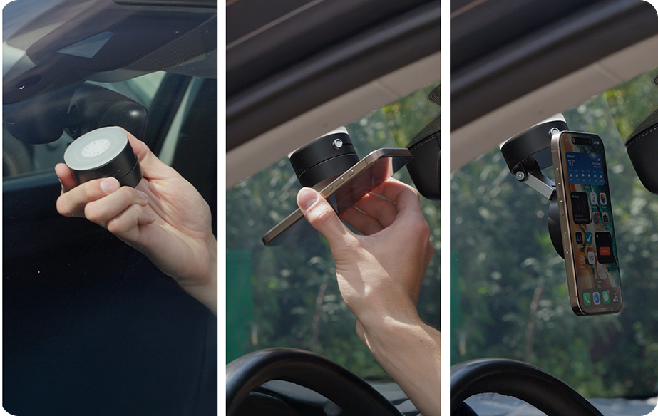 Three images showing a phone mount being installed and used in a car.