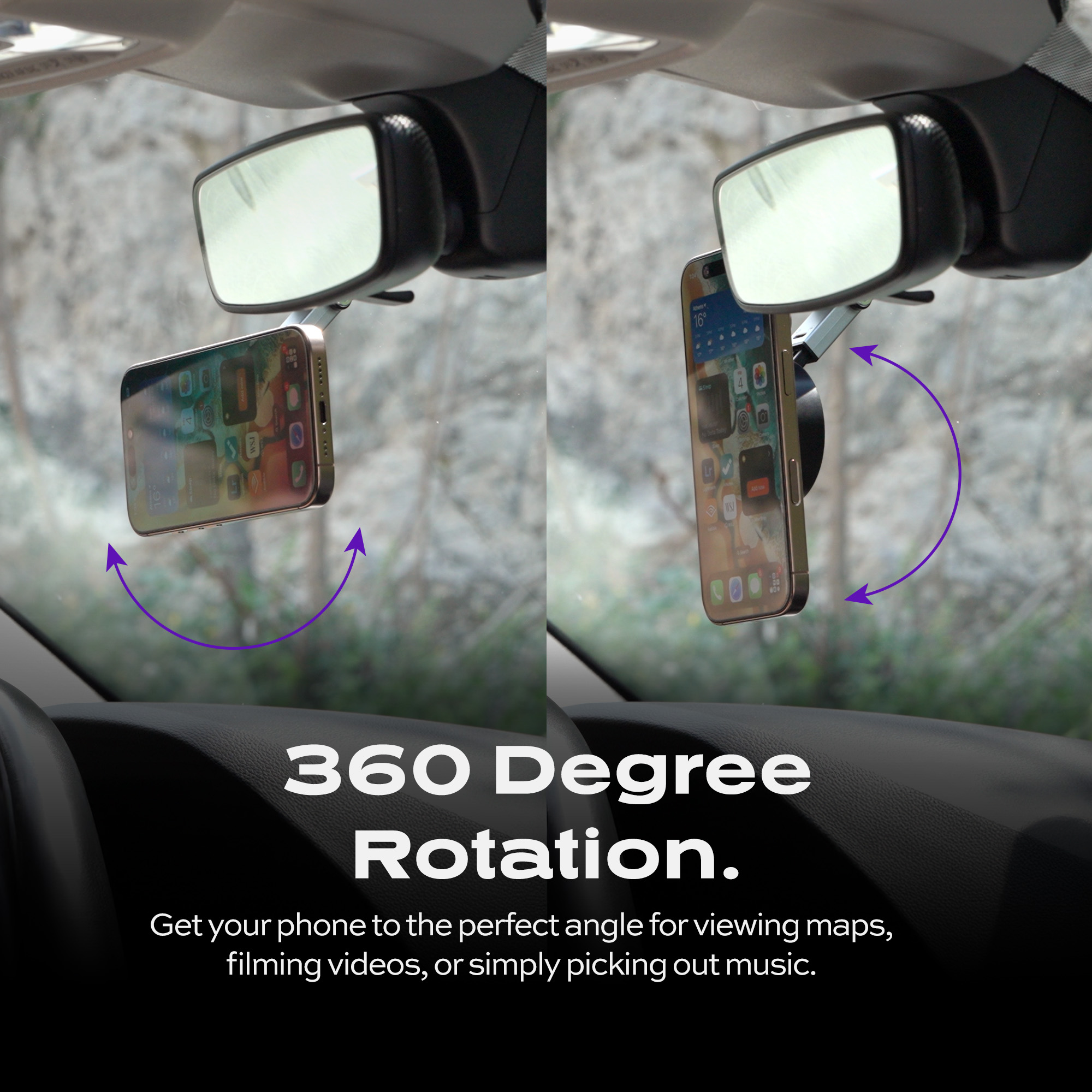 Car phone mount with 360-degree rotation feature, shown in two positions.