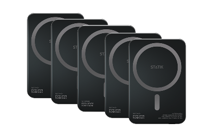 Five black wireless charging pads with circular designs and 'STATIK' branding.