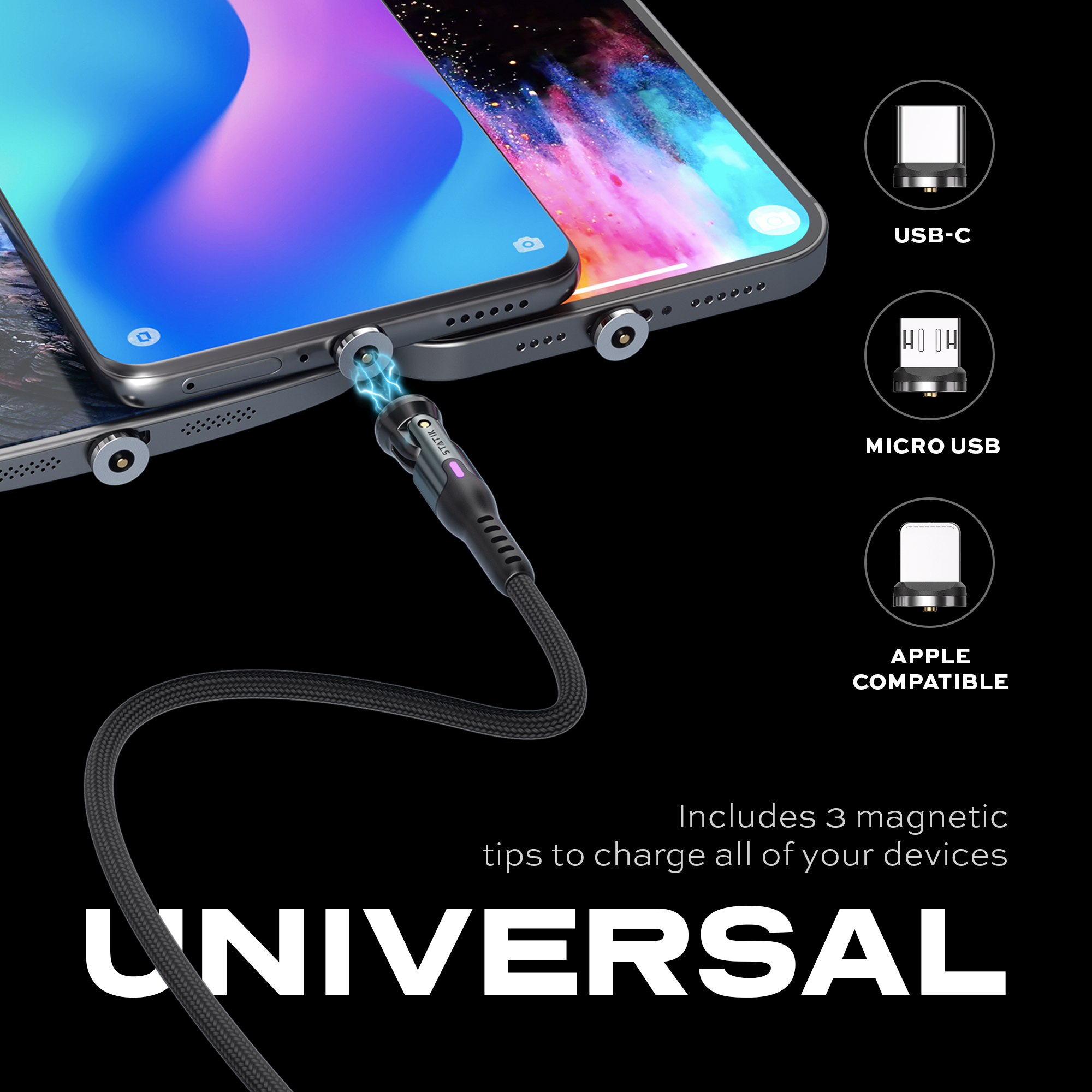 Magnetic charging cable with USB-C, Micro USB, and Apple compatible tips.