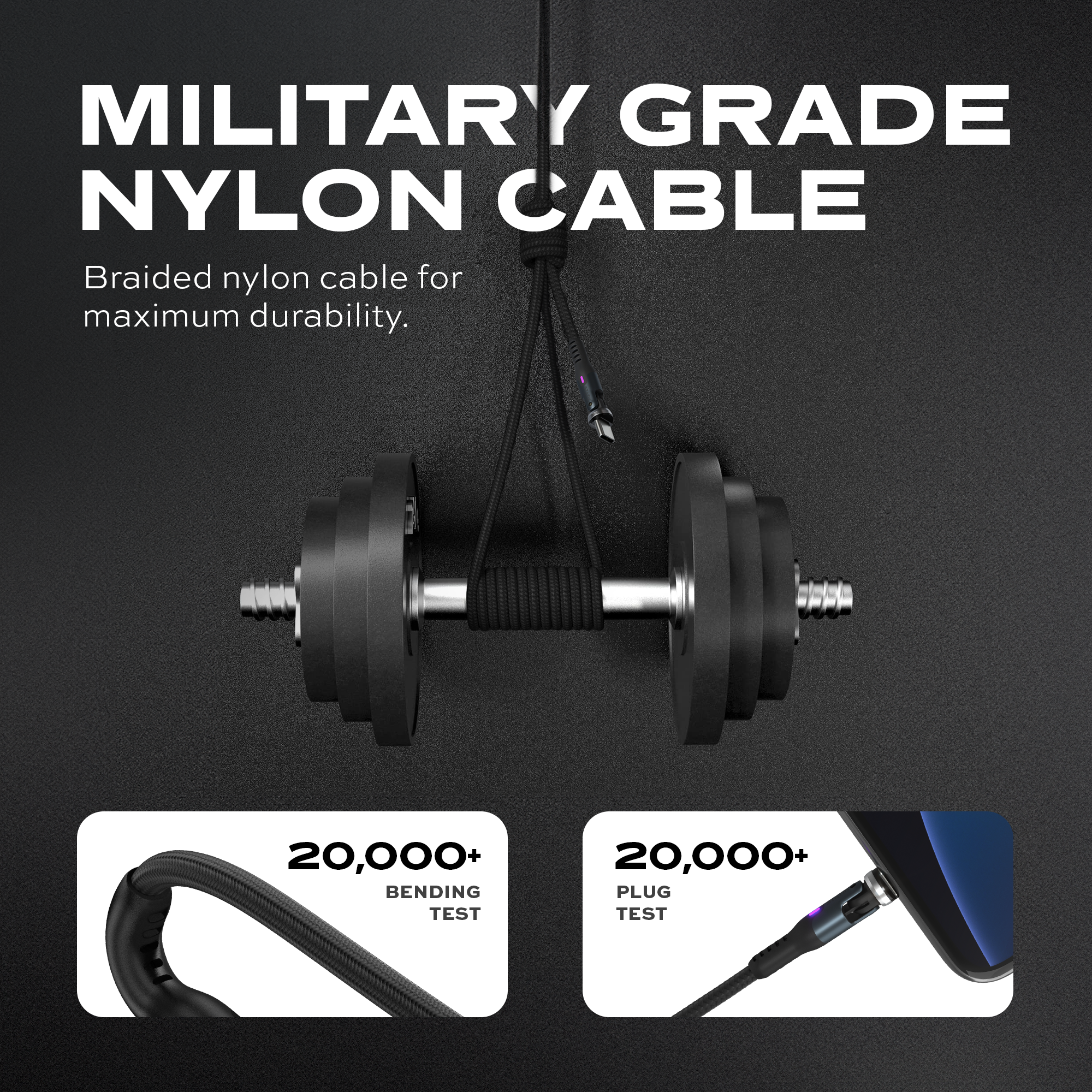 Dumbbell suspended by a braided nylon cable with durability test labels.