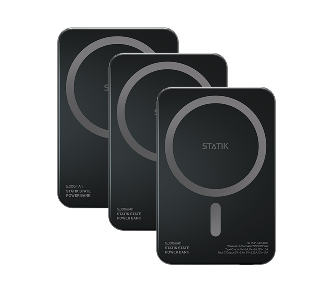 Three black rectangular wireless chargers with circular designs and the word 'STATIK' on them.