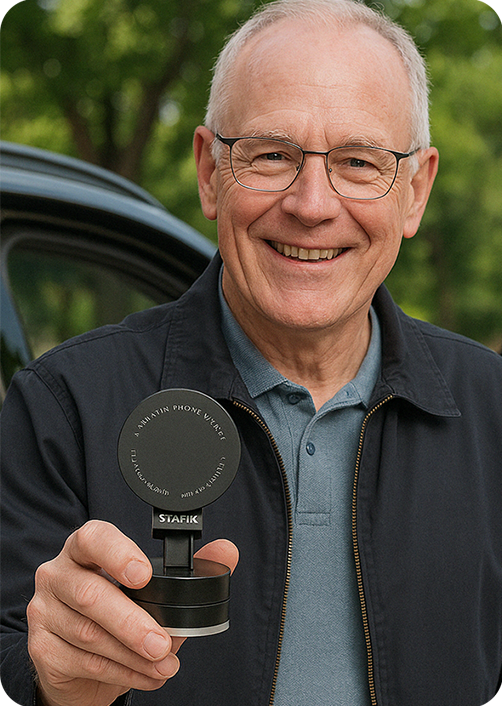 Smiling man holding a small black device outdoors.