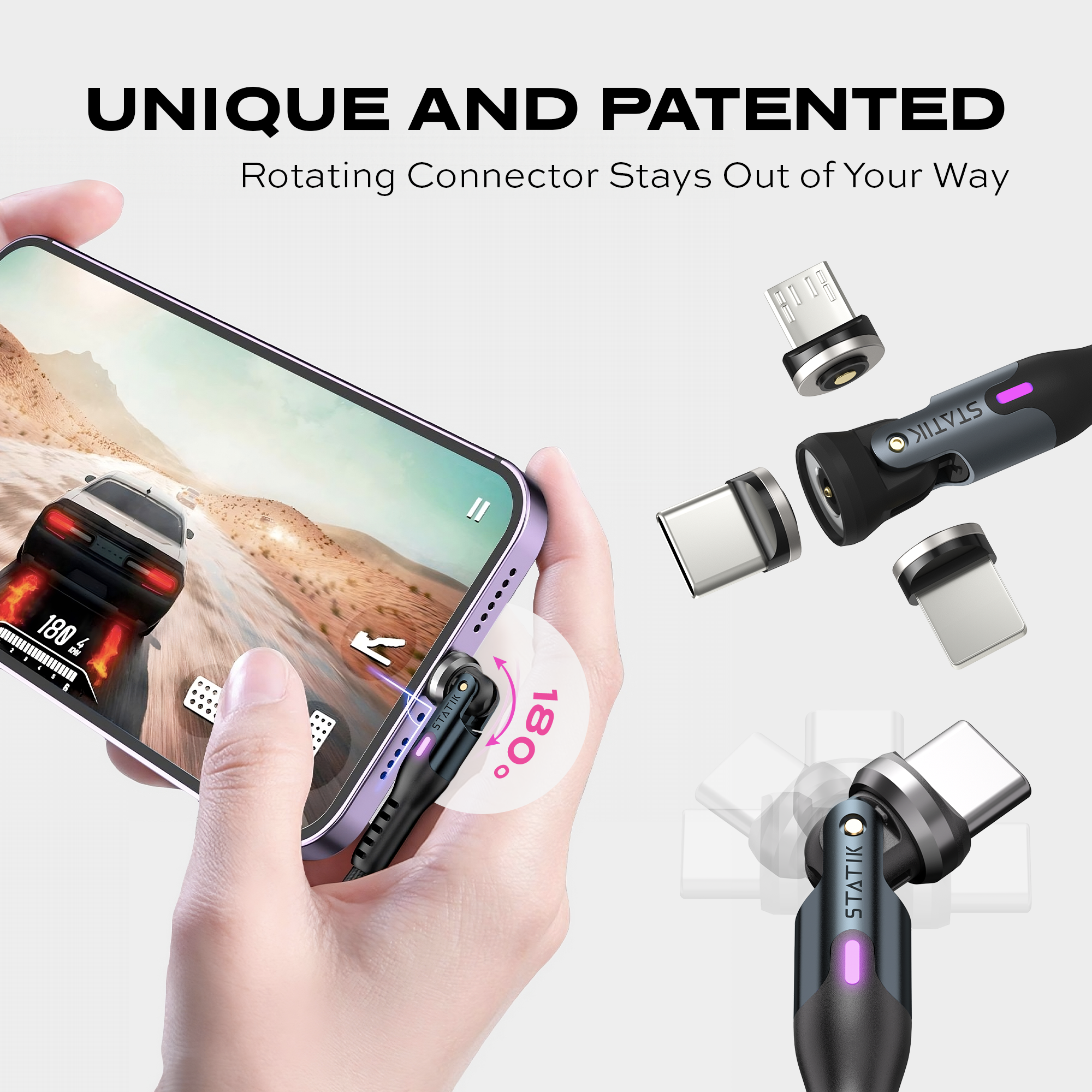 Hand holding phone with rotating magnetic charging cable, text about unique patented design.