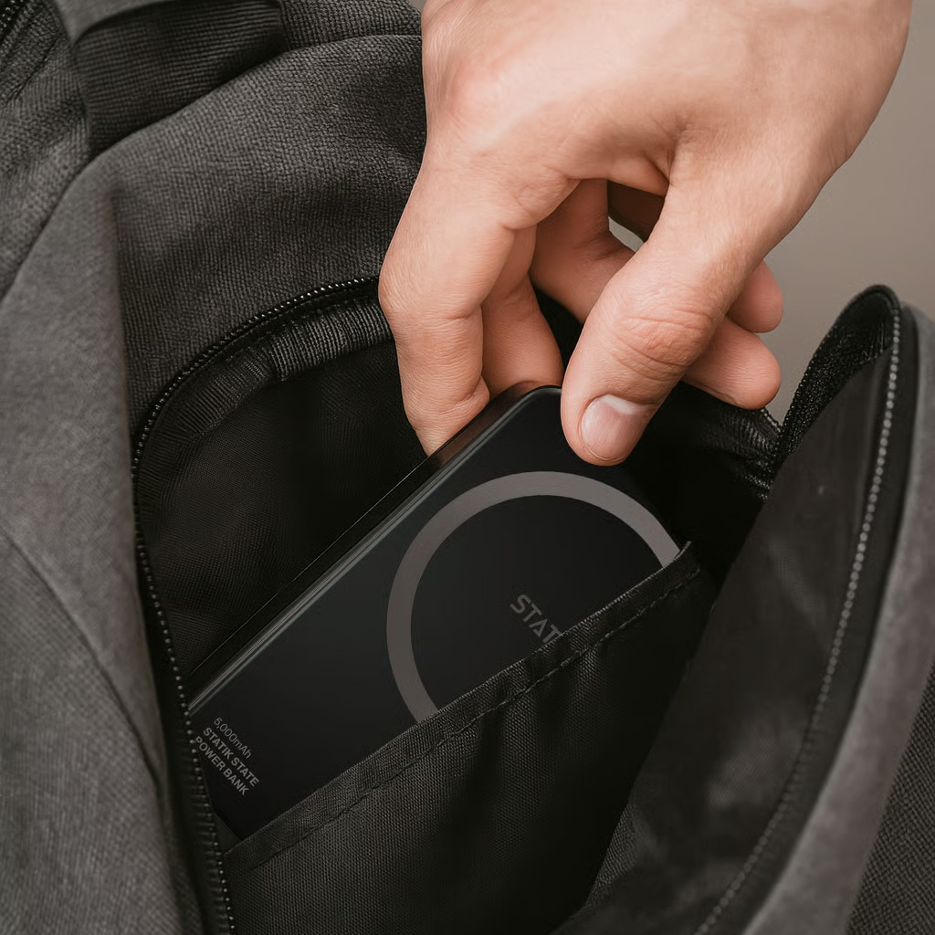 Hand placing a power bank into a backpack pocket.