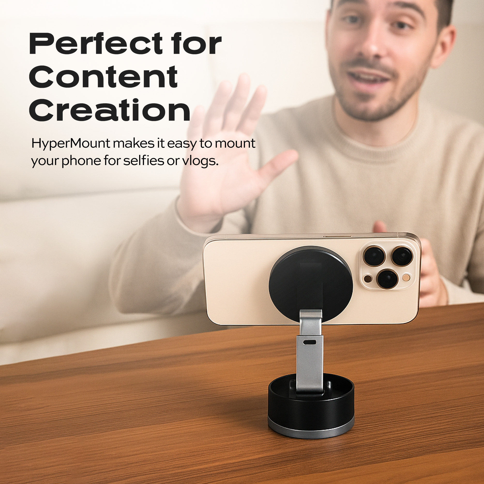 Person gesturing near a smartphone mounted on a stand, with text about content creation.