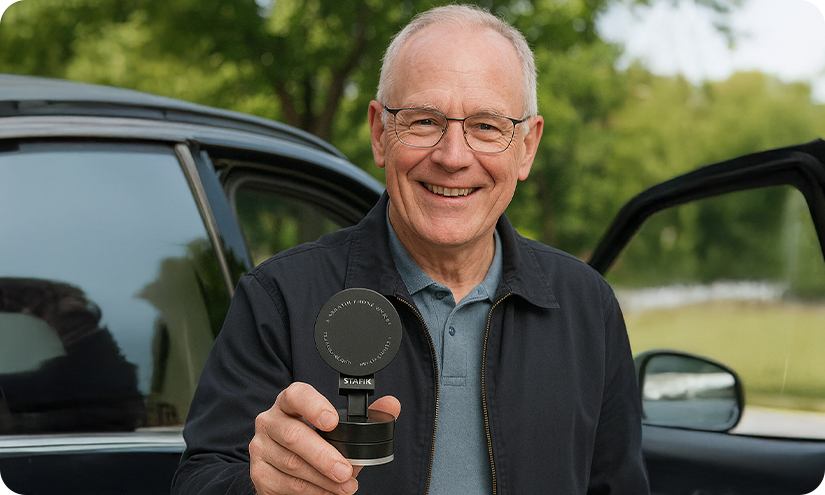 Smiling man holding a small black device near a car with open door.