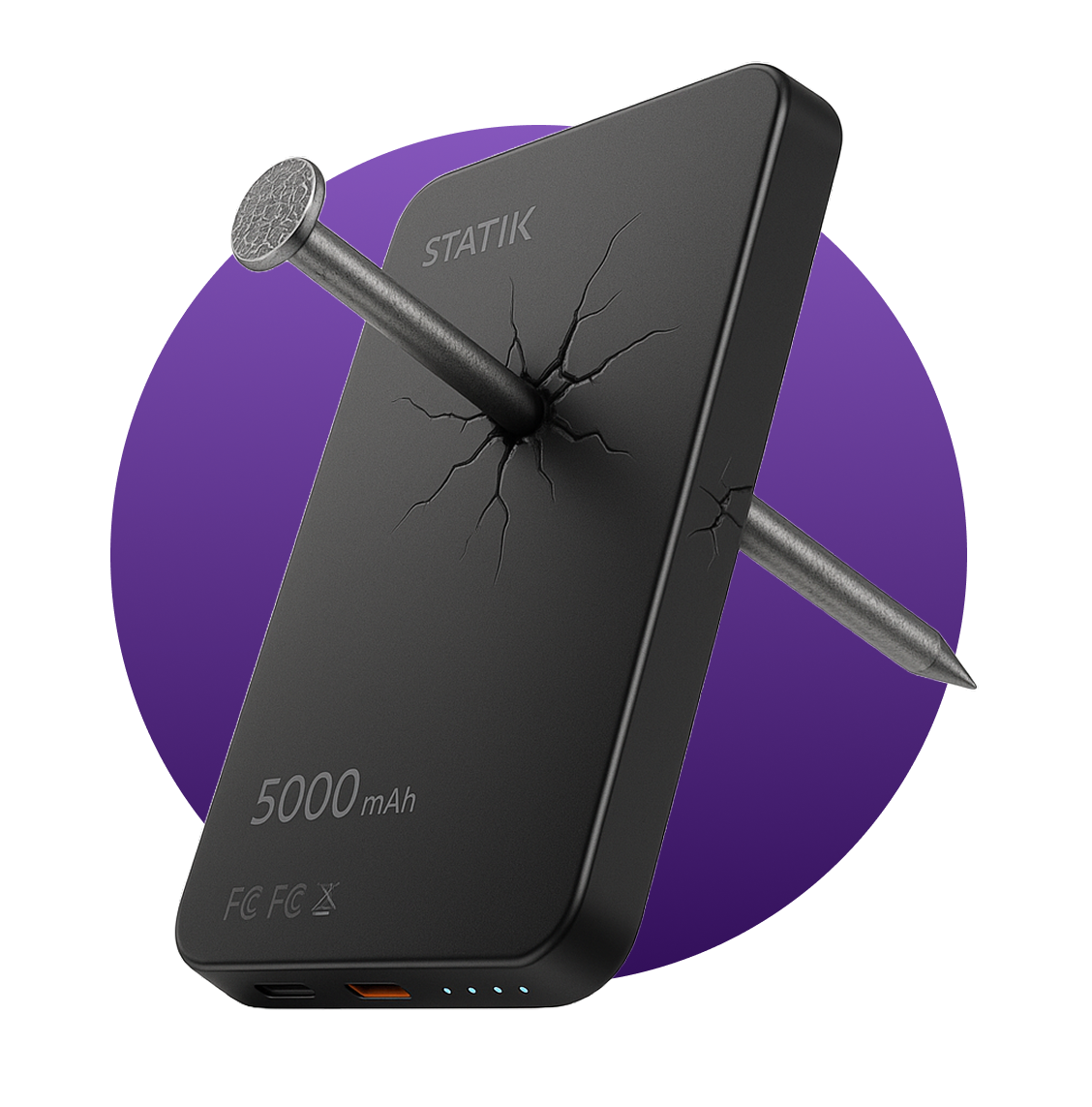 Black power bank with a nail piercing through it, against a purple background.