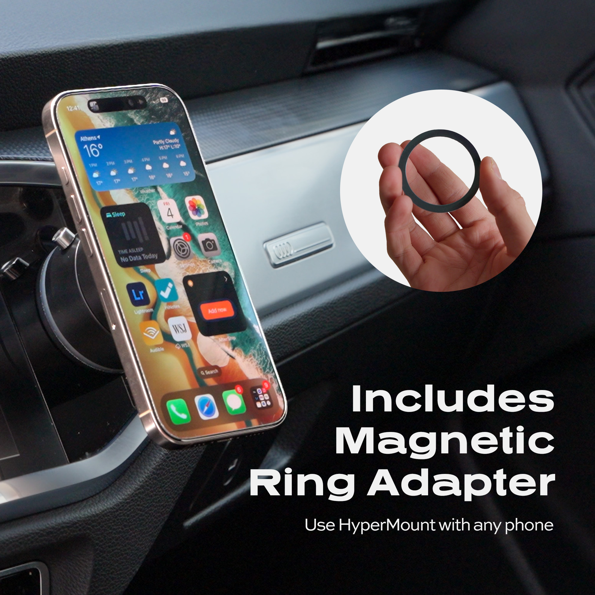 Smartphone mounted in car with magnetic ring adapter, text overlay included.