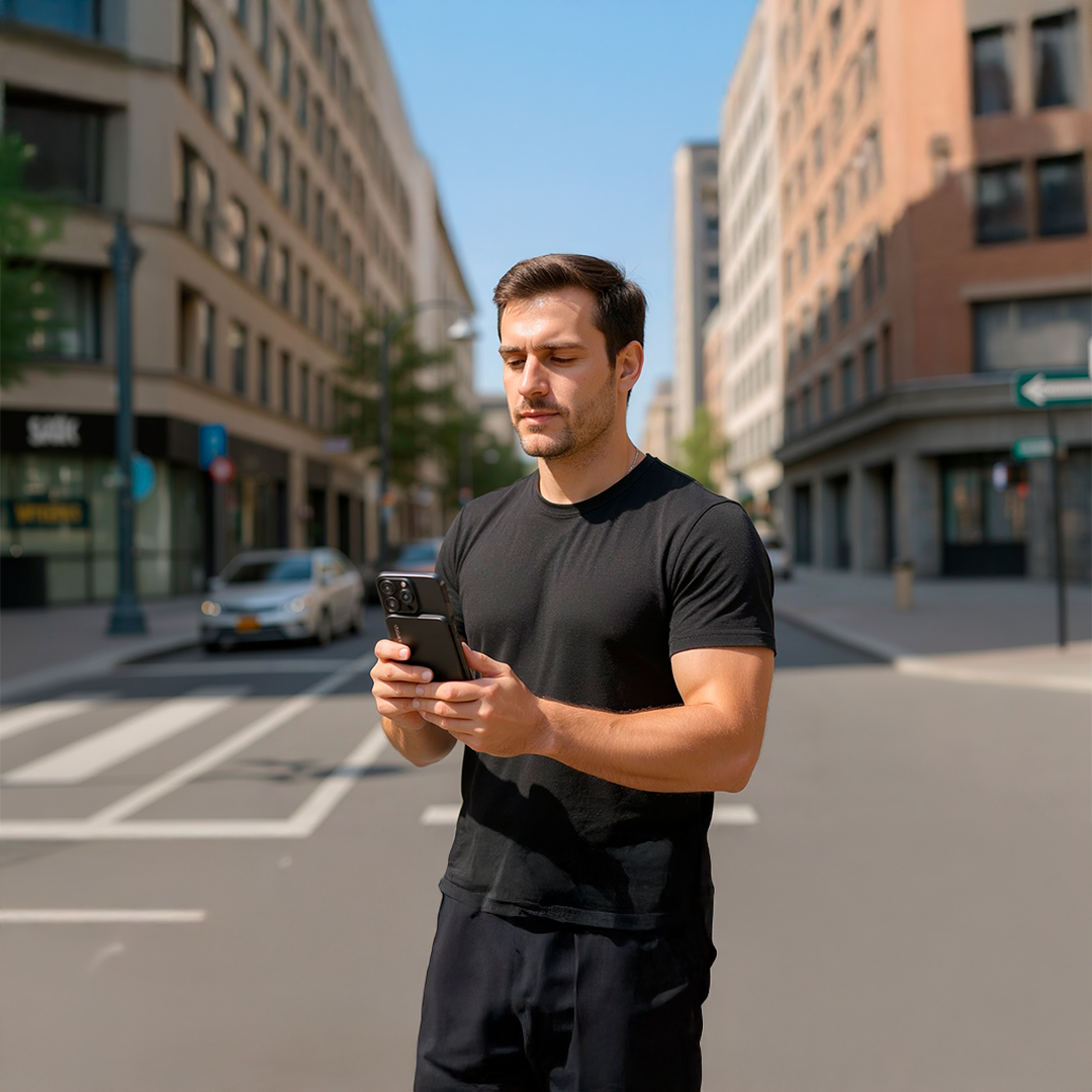 Man in black shirt using smartphone on a city street.