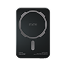 Black rectangular device with a circular design and text on the surface.