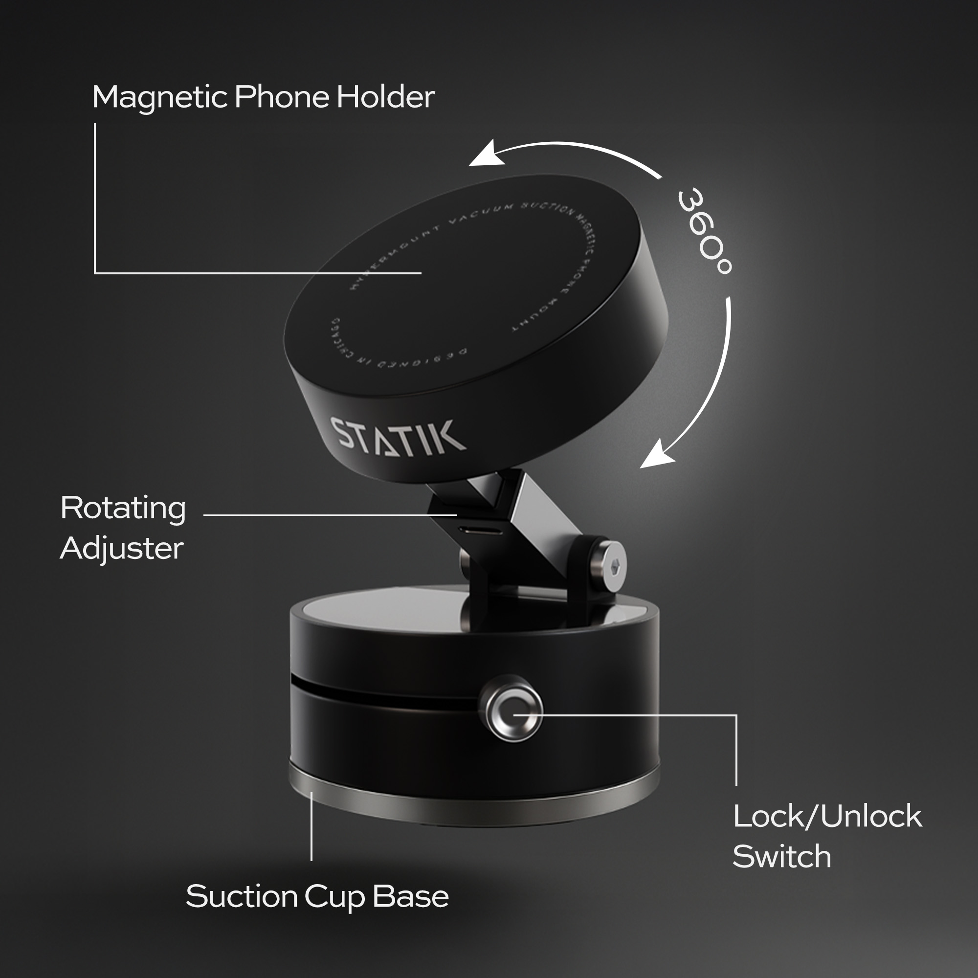 Black magnetic phone holder with rotating adjuster and suction cup base, labeled parts.