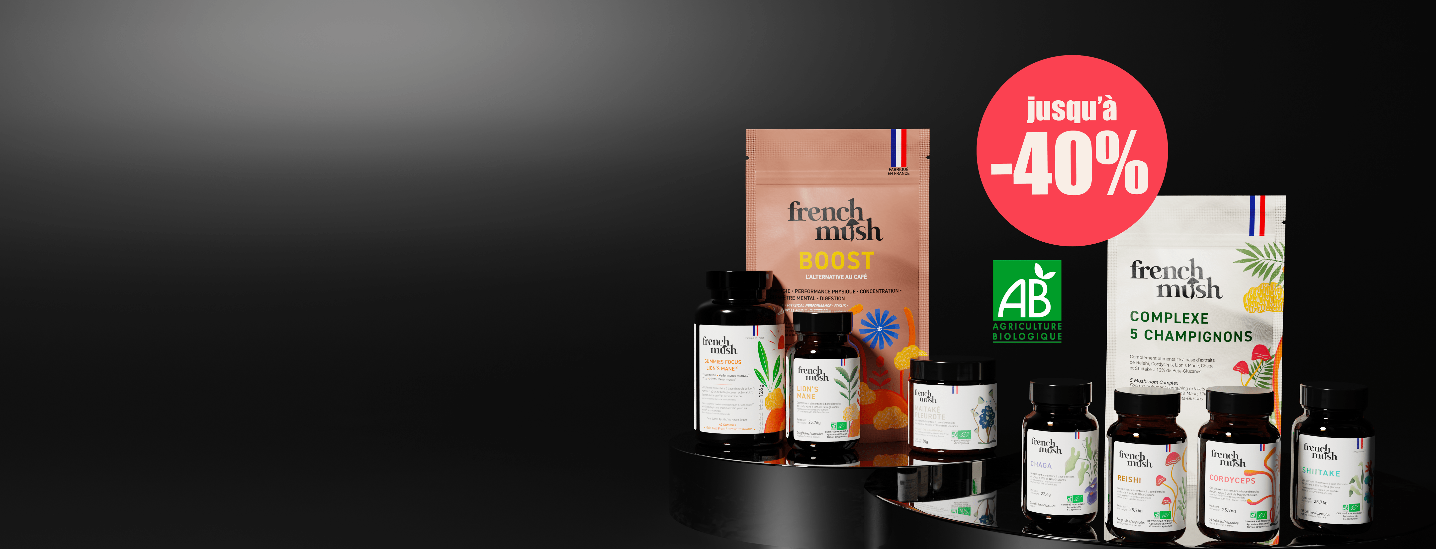 Display of French Mush supplements with a -40% discount sign.